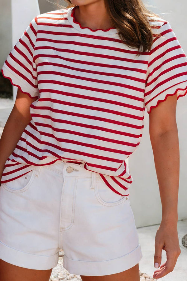 Scalloped Trim Round Neck Stripe T Shirt - Red