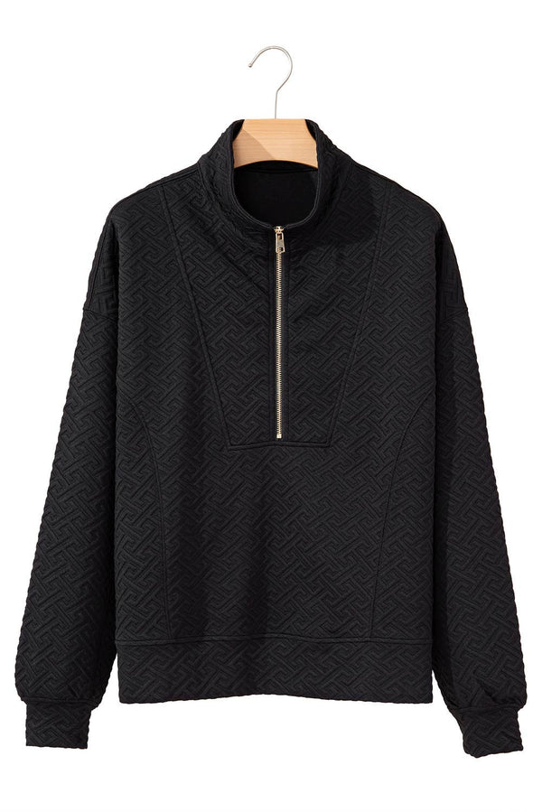 Textured Collared Zipper Front Sweatshirt Black