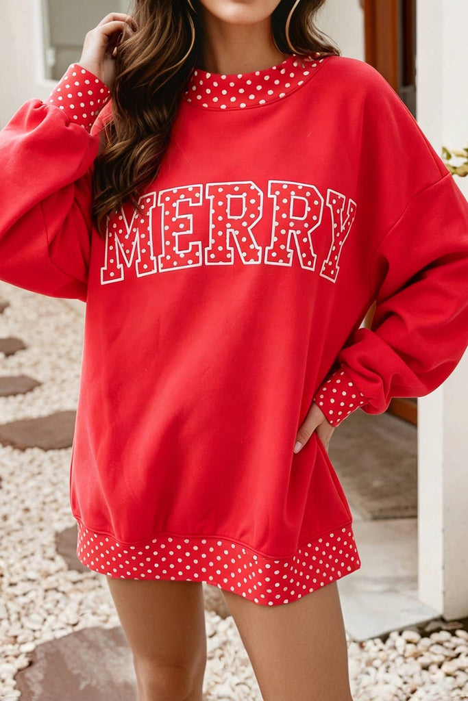 Little Daisy Closet - F/W26 Polka Dot Contrast Trim Christmas Mock Neck Sweatshirt: Tomato Red-Merry / XL