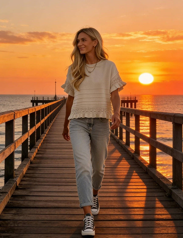 Ruffle Sleeve Crochet Knit Sweater Top