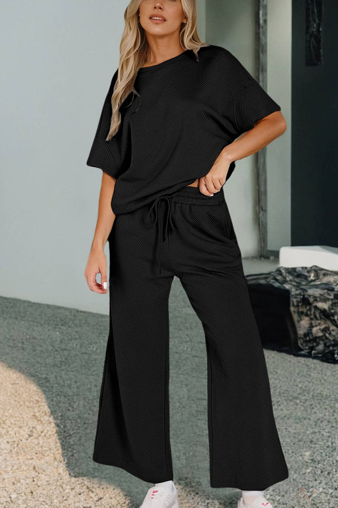 Textured T Shirt and Pants Set -See Color Options