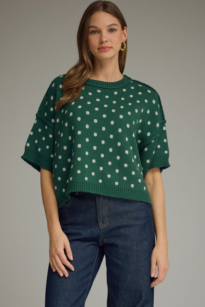 Green Polka Dot Round Neck Short Sleeve Sweater Knit Top
