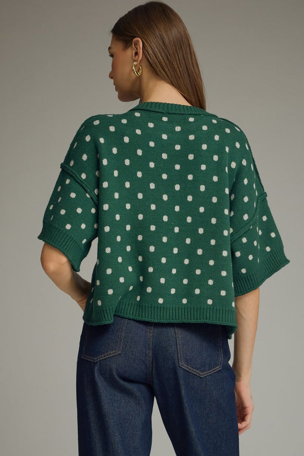 Green Polka Dot Round Neck Short Sleeve Sweater Knit Top