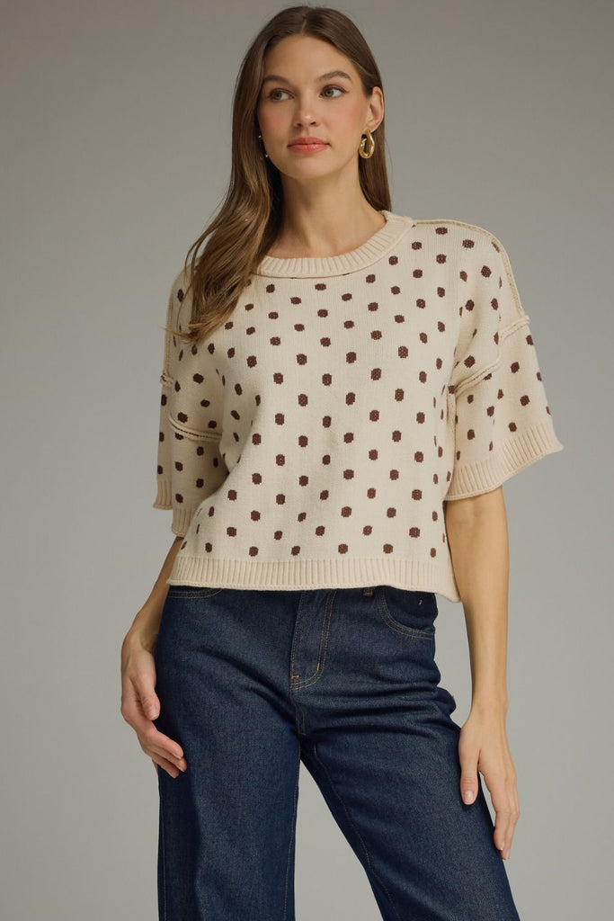 Brown Polka Dot Round Neck Short Sleeve Sweater Knit Top