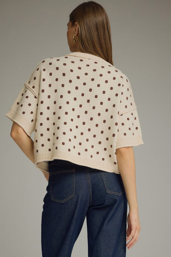 Brown Polka Dot Round Neck Short Sleeve Sweater Knit Top