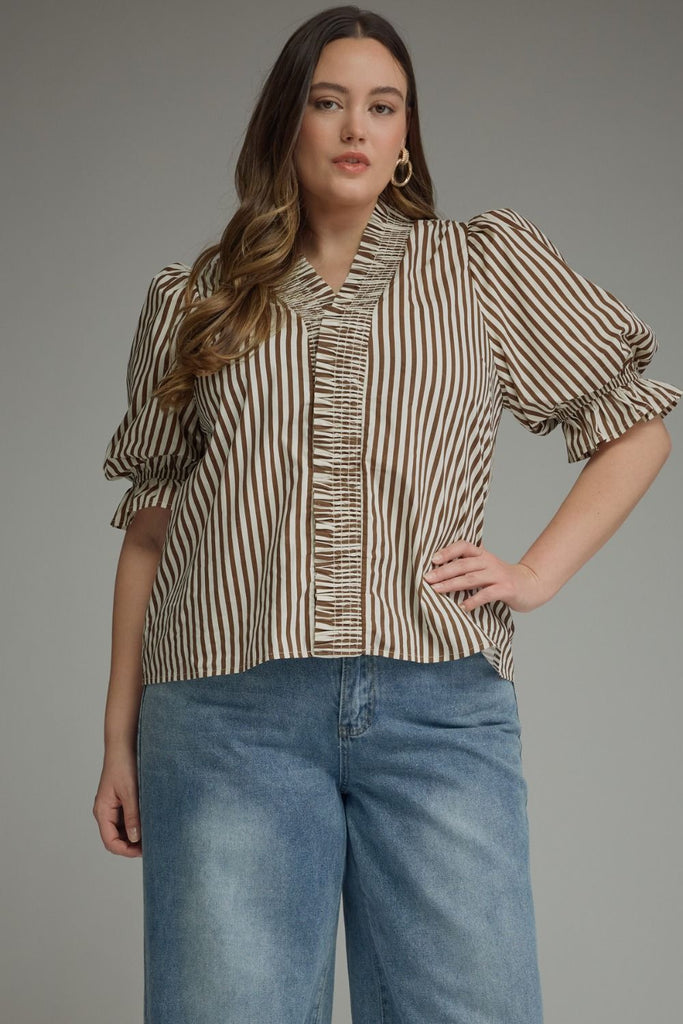 Smocked Ruffle Trim With Puff Sleeve Top