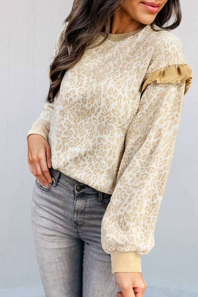 Leopard Ruffle Ribbed Trim Round Neck Sweatshirt