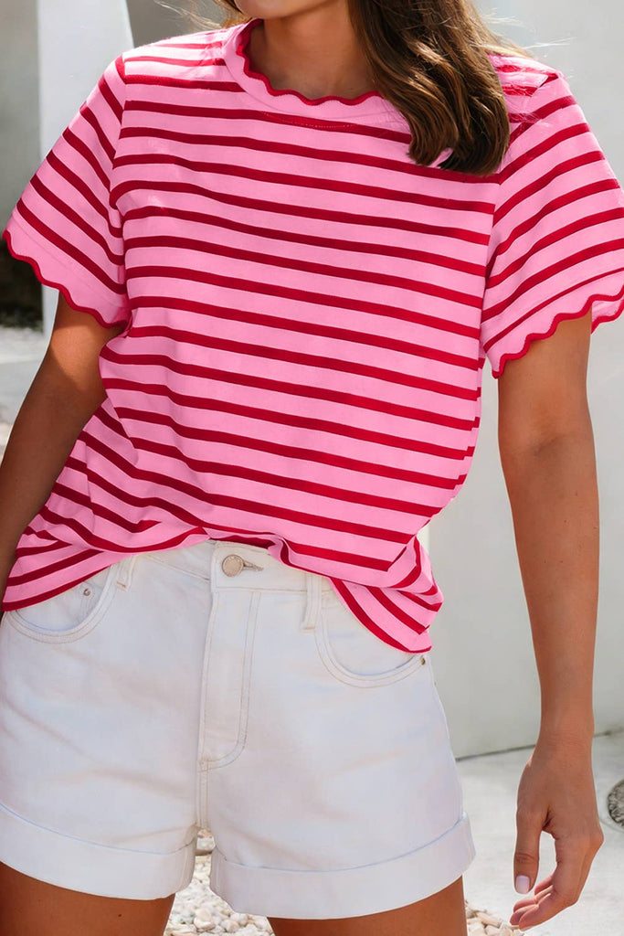 Little Daisy Closet - LDC Scalloped Trim Round Neck Stripe T Shirt| S-4X: Pink Stripe / S