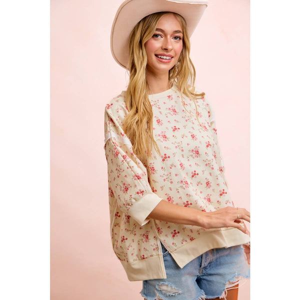 FLORAL TWILL RELAXED FIT TOP WITH OPENSEAM DETAIL