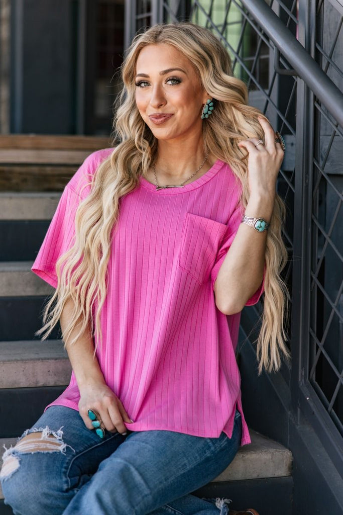 Ribbed Boyfriend Basic Top - Hot Pink