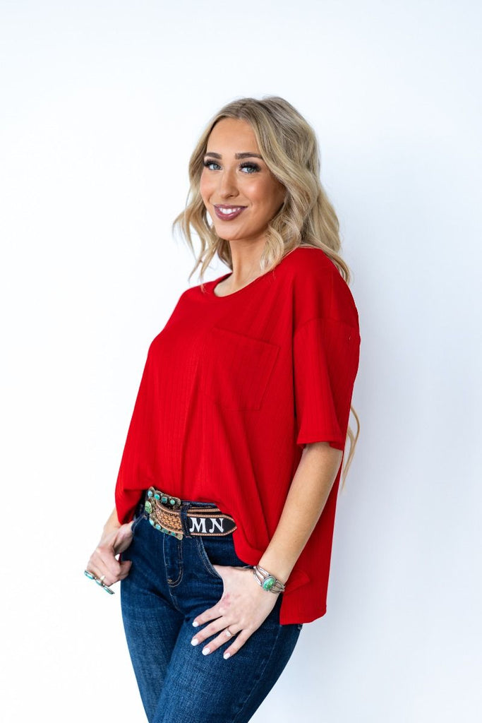 Ribbed Boyfriend Basic Top - Red
