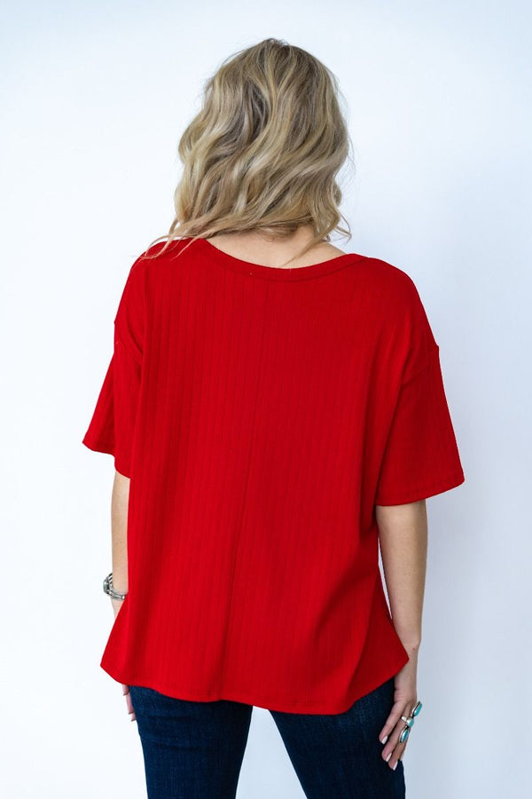 Ribbed Boyfriend Basic Top - Red