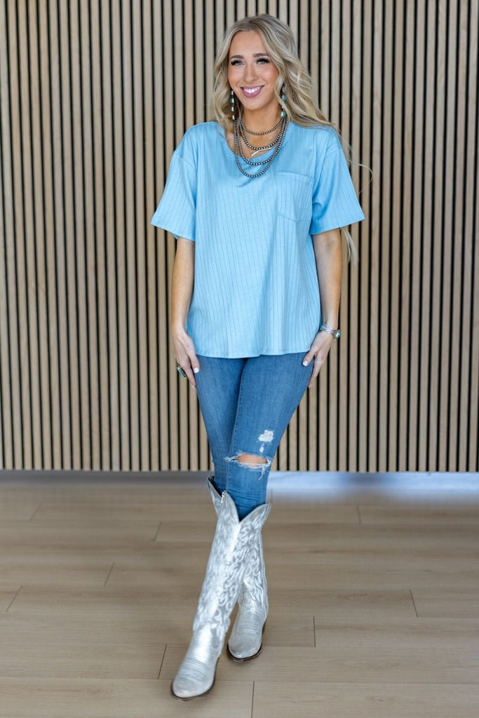 Ribbed Boyfriend Basic Top - Sky Blue
