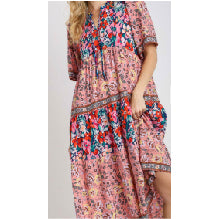Short Sleeve Mixed Floral Print Round Neck Maxi Dress