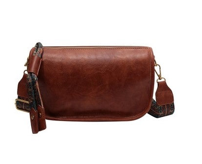 Zipper Shoulder Bag with Pattern Strap
