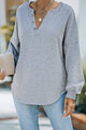Gray Buttoned V Neck Cotton Loose Fit Top