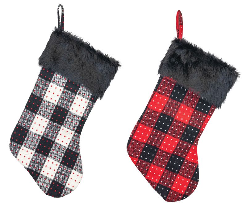 CHECKERED FUR HOLIDAY STOCKING 2 ASST.