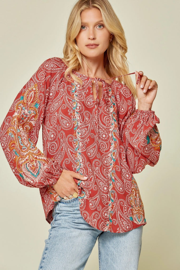 Linsday Rust Paisley Printed Top with Embroidery Detail