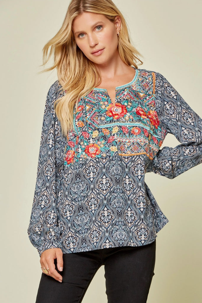 Jayme Navy Printed Blouse with Embroidery Detail