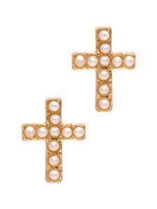LAURA JANELLE GOLD PEARL CROSS STUD EARRINGS