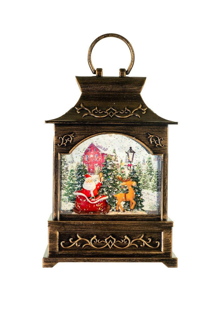 Antique Gold Santa with Sleigh LED Lantern Snow Globe