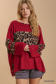 Animal Print Wide Neck and Sleeve Knit Top with Side Slits