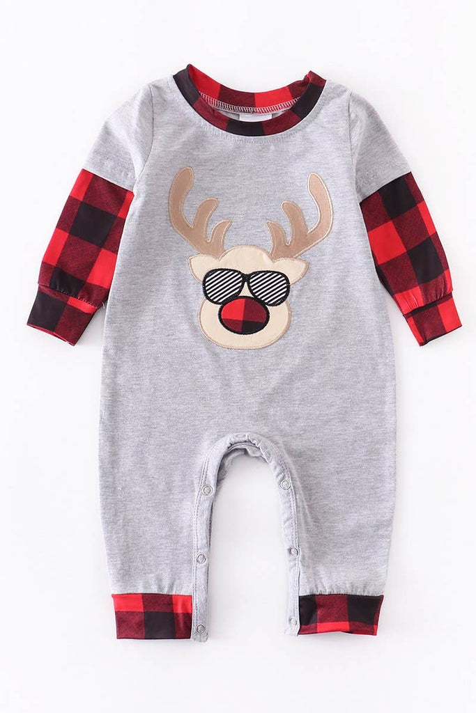 Grey deer applique baby romper