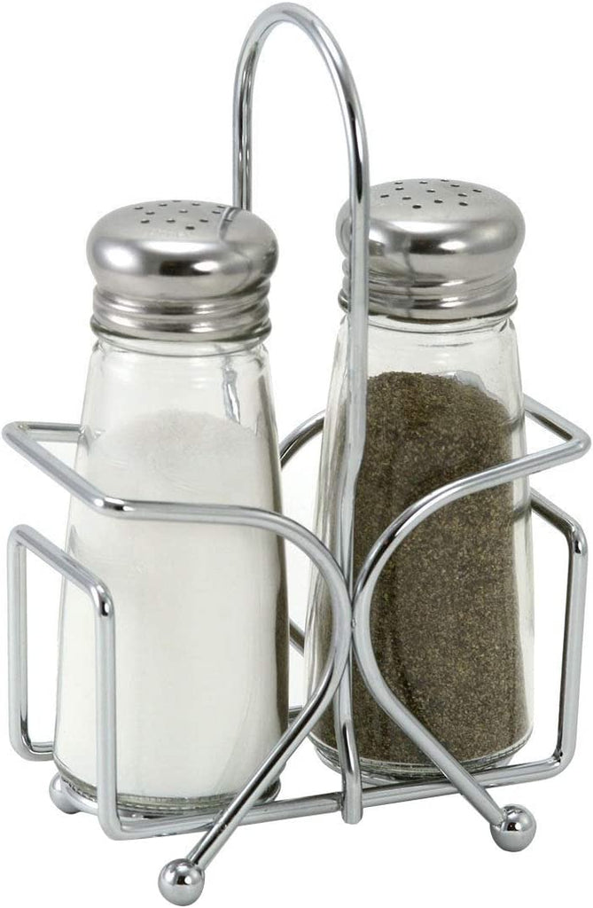 Salt and Pepper Shakers, Stainless Steel Tops Chrome Plated Rack