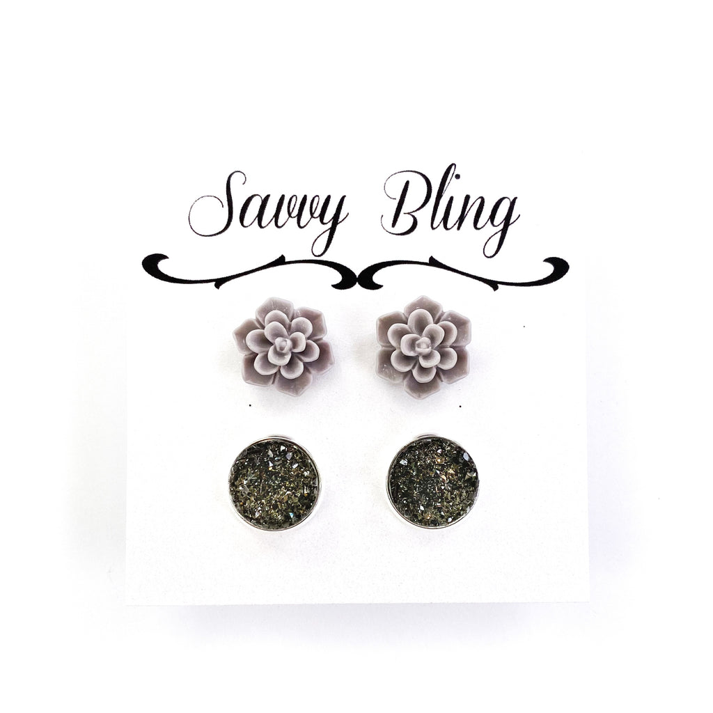 Druzy and Flower Stud Earings