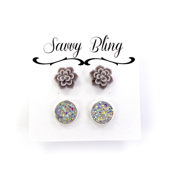 Druzy and Flower Stud Earings