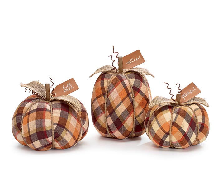 Plaid Pumpkins with Burlap Leaf and Tag