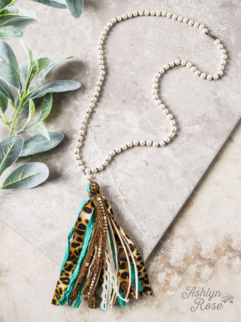 Leopard and Teal Tassel Necklase with Pearl Beading