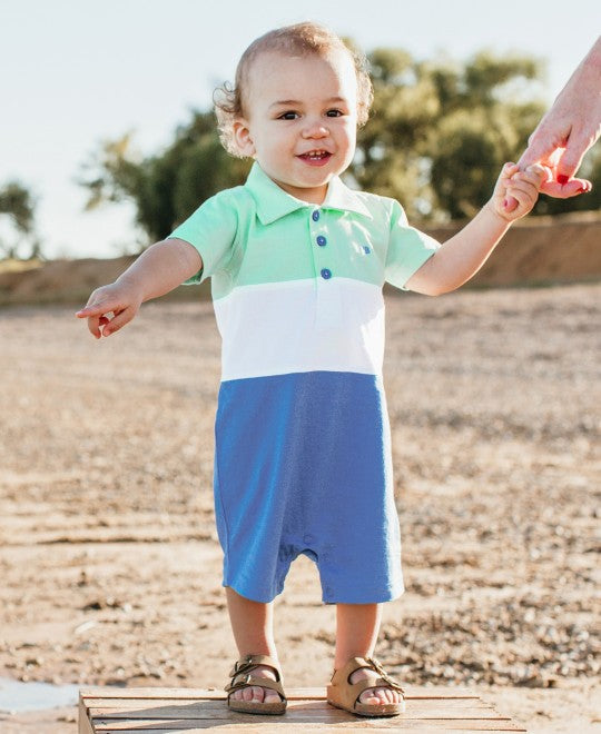 Blue & Neo Mint Color Block Polo Romper - Matarow