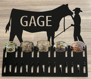 Belt Buckle and Ribbon Holder - Young Boy with Steer and Heifer