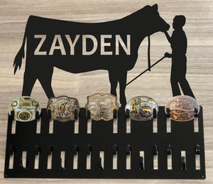 Belt Buckle and Ribbon Holder - Young Boy with Steer and Heifer