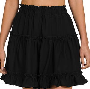 BLACK RUFFLE MINI SKIRT W ELASTIC WAIST BAND