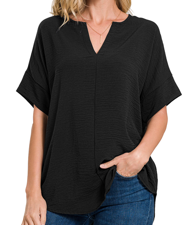 WOVEN AIRFLOW SPLIT NECK SHORT SLEEVE TOP