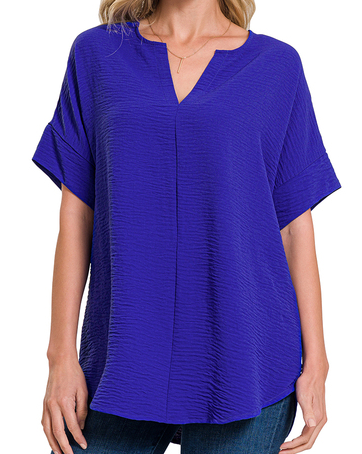 WOVEN AIRFLOW SPLIT NECK SHORT SLEEVE TOP