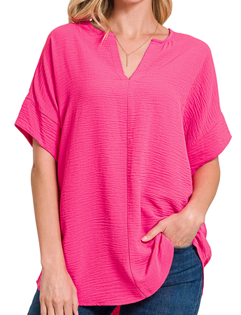 WOVEN AIRFLOW SPLIT NECK SHORT SLEEVE TOP