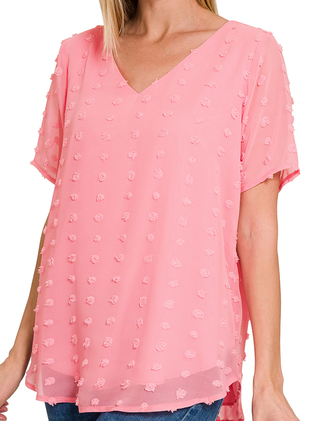SWISS DOT SHORT SLEEVE V-NECK ROUND HEM TOP
