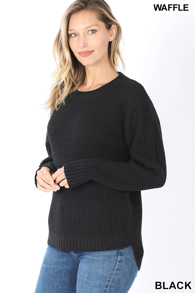 Hi-Low Long Sleeve Waffle Sweater - See Color Options