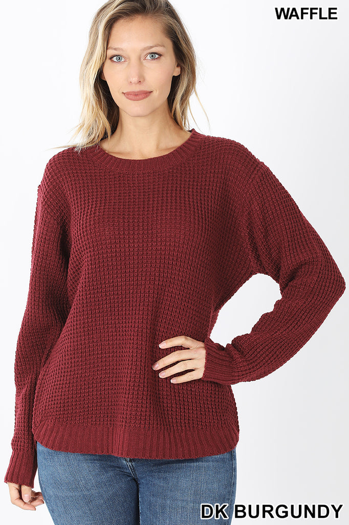 Hi-Low Long Sleeve Waffle Sweater - See Color Options