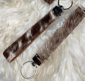 Cowhide Keychain Wristlet Brown & White