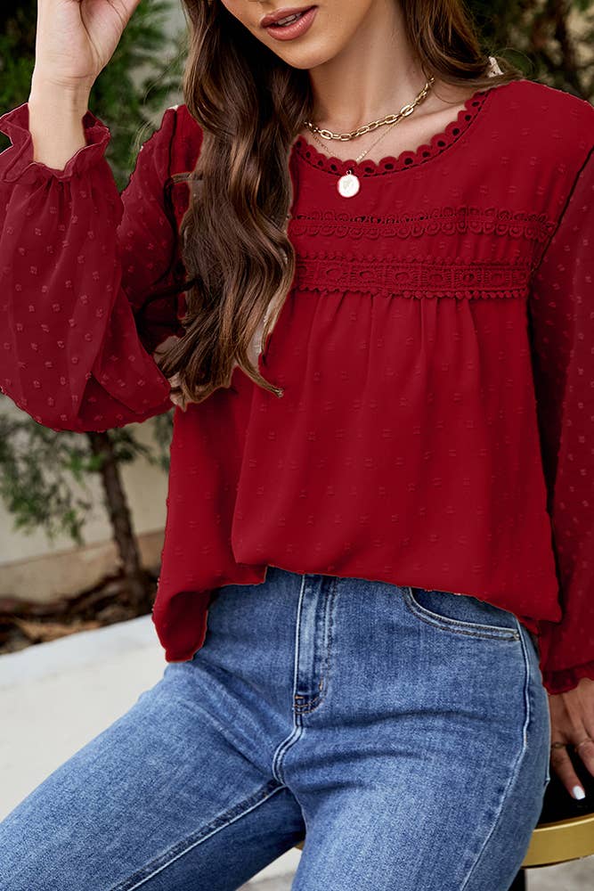 Swiss Dot Crochet Sheer Long Sleeves Top