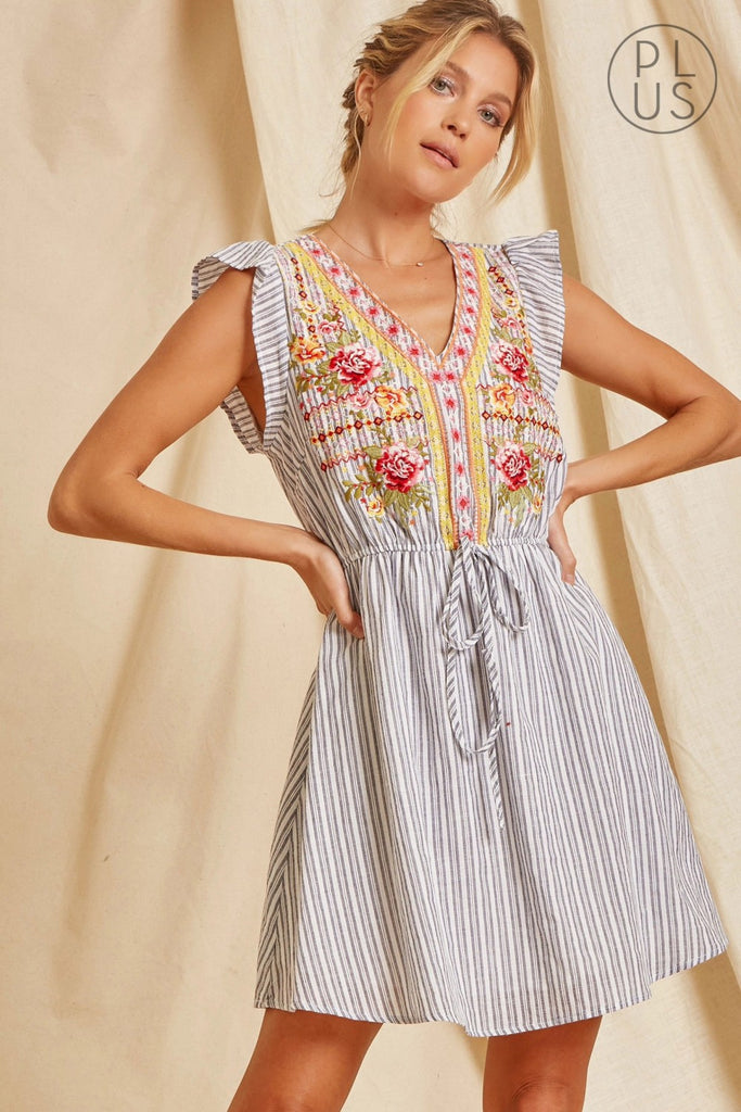 Ashley Striped Dress with Flutter Sleeves and Floral Embroidery