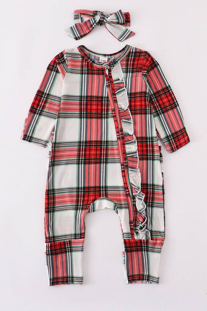 Red green plaid baby Romper Bamboo