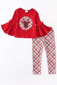 Red reindeer applique bell sleeve pants set