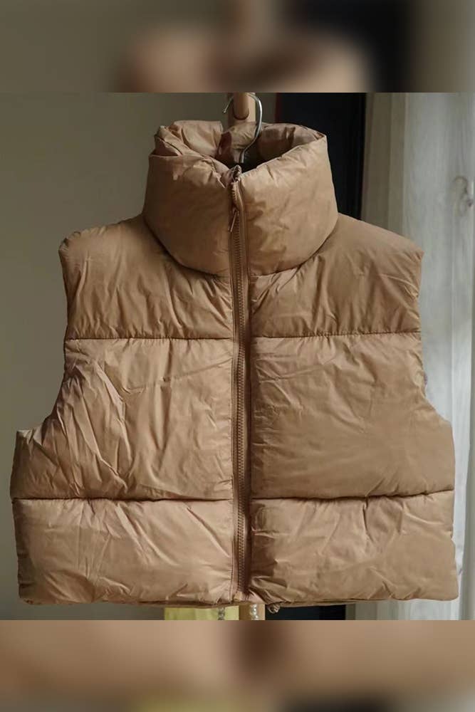 Zipper Down Cropped Puff Vest - Khaki
