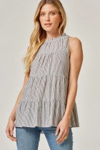 Carissa Striped tiered blouse with high neckline